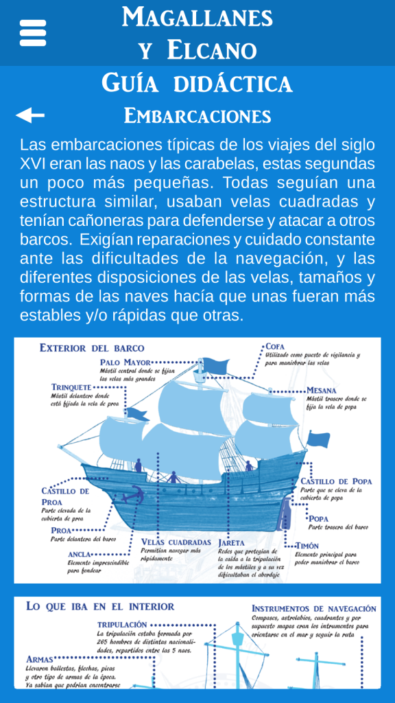 Página de la guía didáctica sobre las embarcaciones en la app