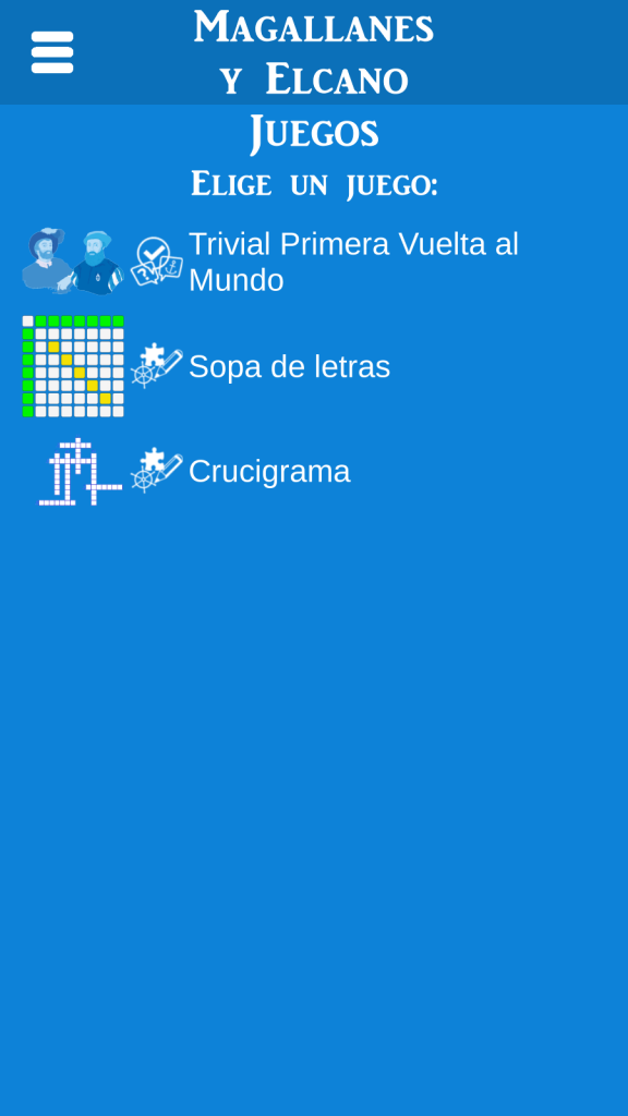 Menú de juegos de la app